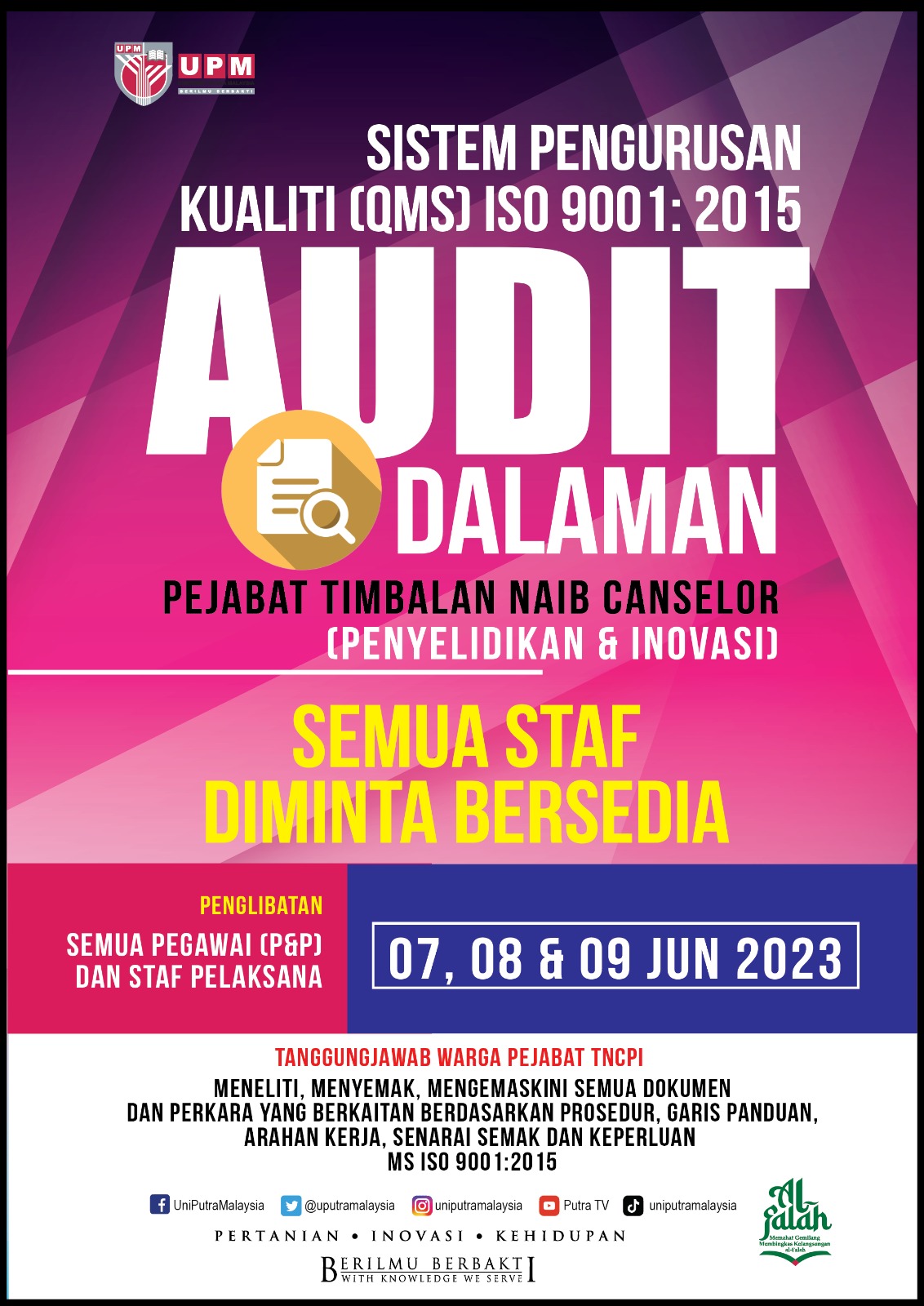 Office of the Deputy Vice-Chancellor (Research &Innovation) facing Internal Audit of QMS ISO 1900: 2015 Quality Management System